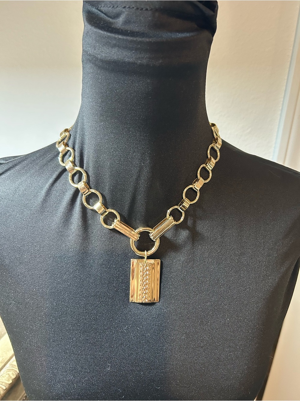 DANNIJO Gold Link Chain Necklace with Textured Rectangular Pendant